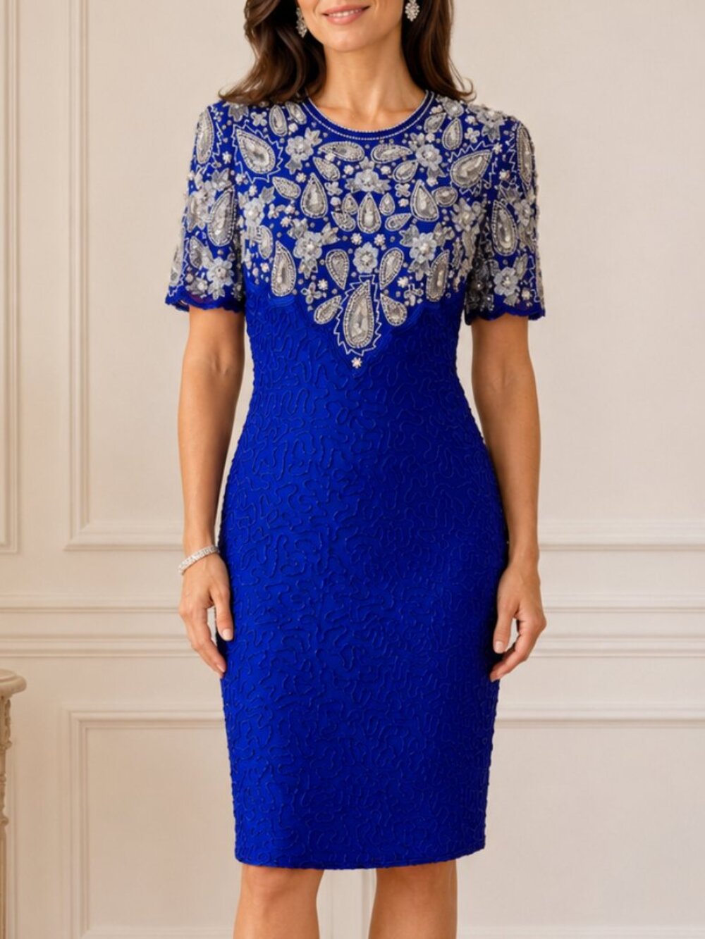 Vintage Laurence Kazar Royal Blue Beaded Silk Open-Back Dress M Petite